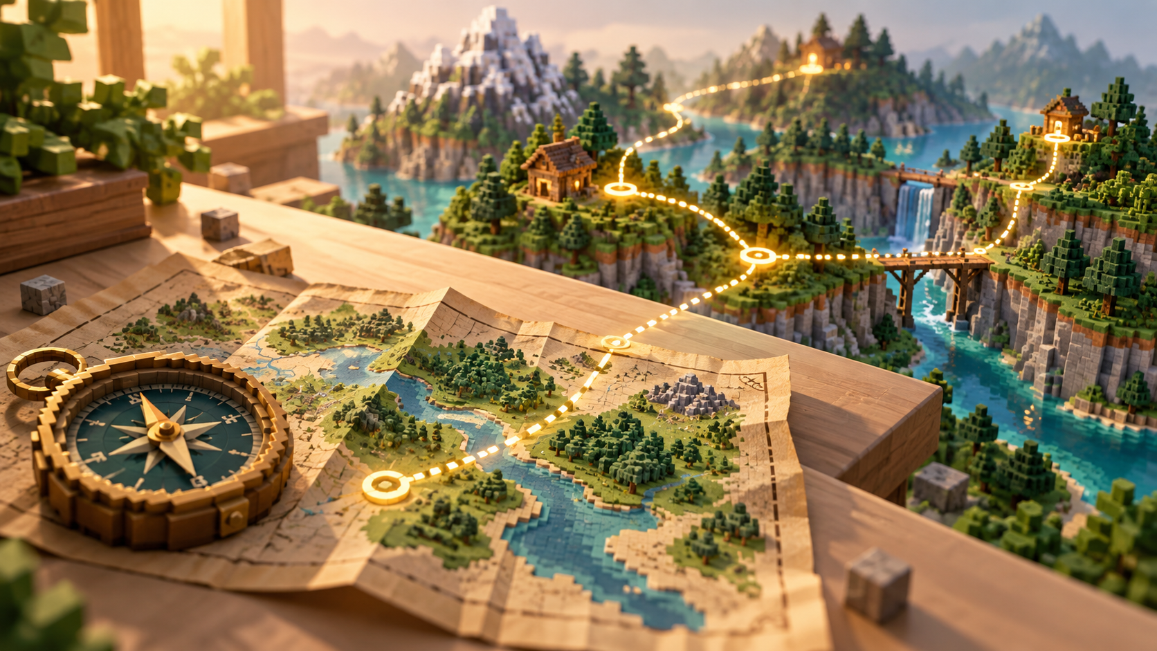 A compass and map beside an illustrated block-built landscape
