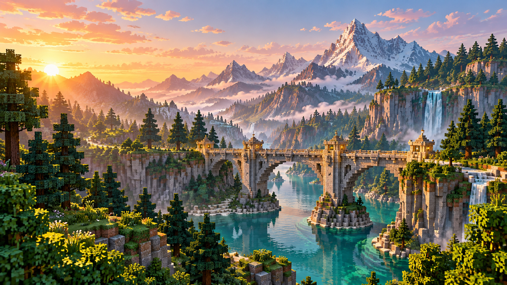An illustrated stone bridge crossing a turquoise river between block-built forest cliffs at sunrise